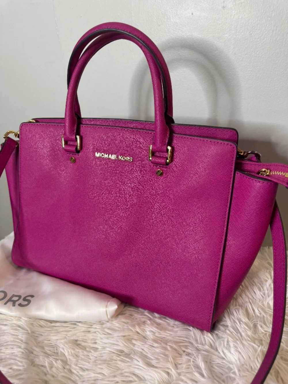 Michael Kors Hot Pink Saffiano Leather Satchel Crossbody Bag with Dust Bag.